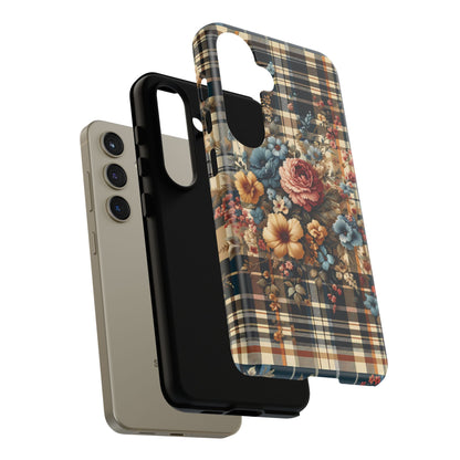 Cute iPhone Samsung Phone Case, Bouquet of Nostalgia, Vintage Styled Checkered Plaid Floral Protective Cover for iPhone, Samsung, & Google. - BOGO Cases