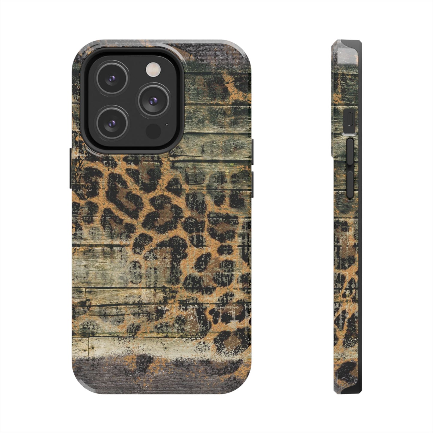 Rustic Wood and Leopard Print Tough iPhone Case – Distressed Western Design with Dual-Layer Protection