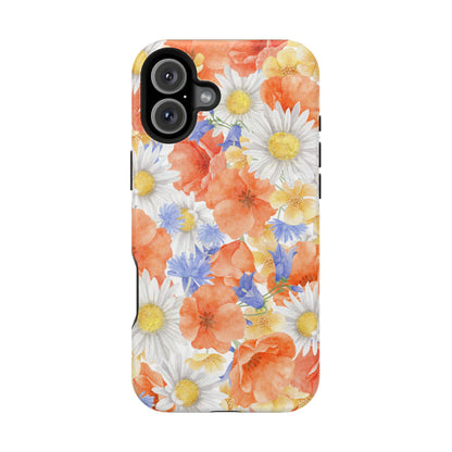 Watercolor Wildflower Pattern MagSafe iPhone Case – Durable Matte Finish with Daisy, Poppy & Cornflower Design