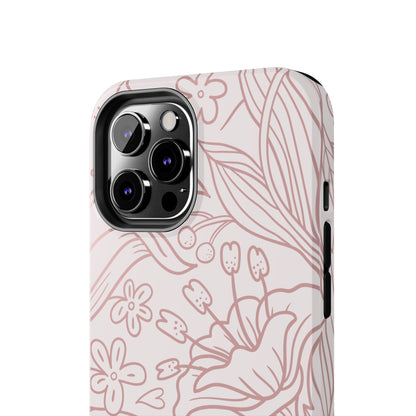 Blush Floral Line Art Tough iPhone Case – Delicate Minimalist Design with Dual-Layer Protection