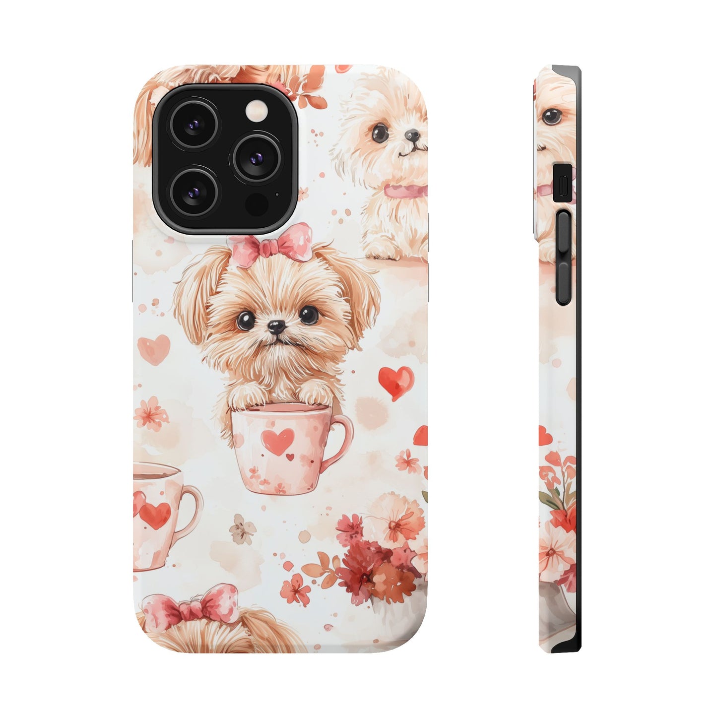 Puppies & Heart Mugs MagSafe iPhone Case – Sweet Dog & Floral Design, Shockproof & Slim