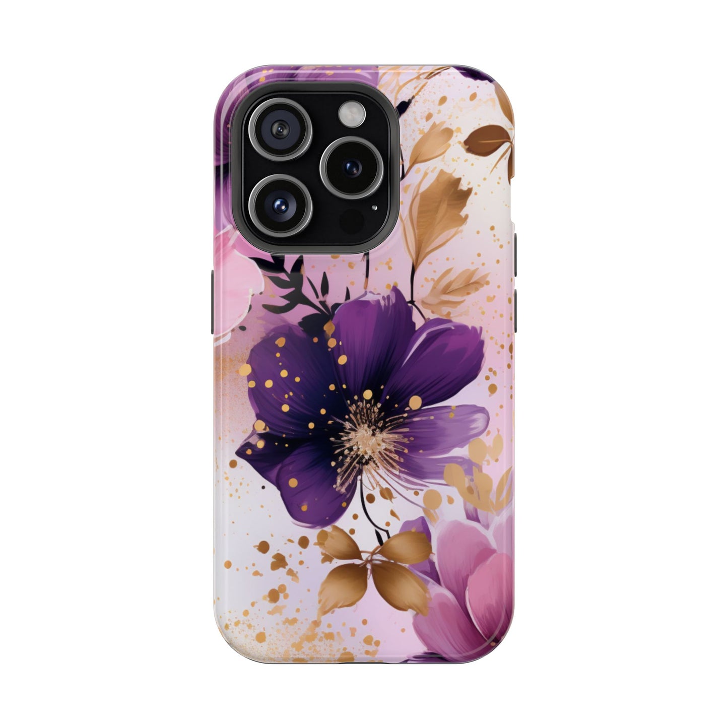 Elegant Purple & Gold Floral MagSafe iPhone Case - Luxe Flower Design