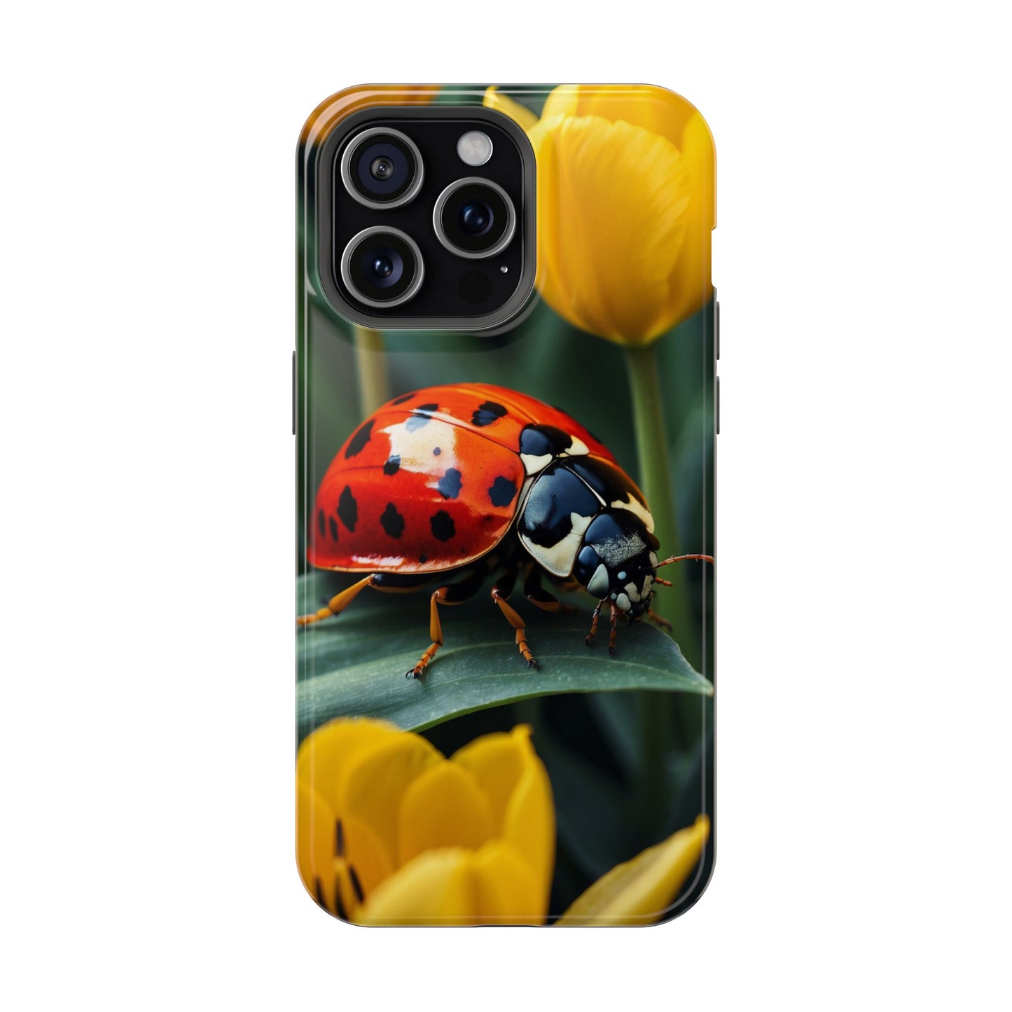 MagSafe iPhone Case: Vibrant Ladybug Amidst a Lush Yellow Flower Garden