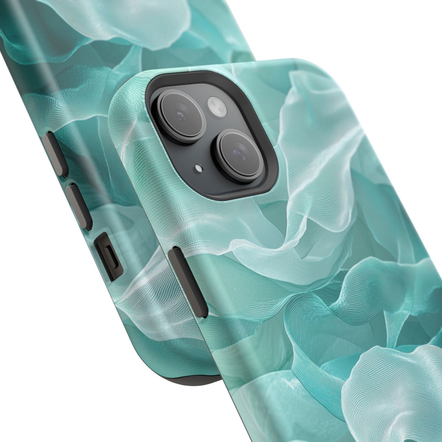 Elegant Flowing Teal Fabric MagSafe iPhone Case – Soft Waves Design