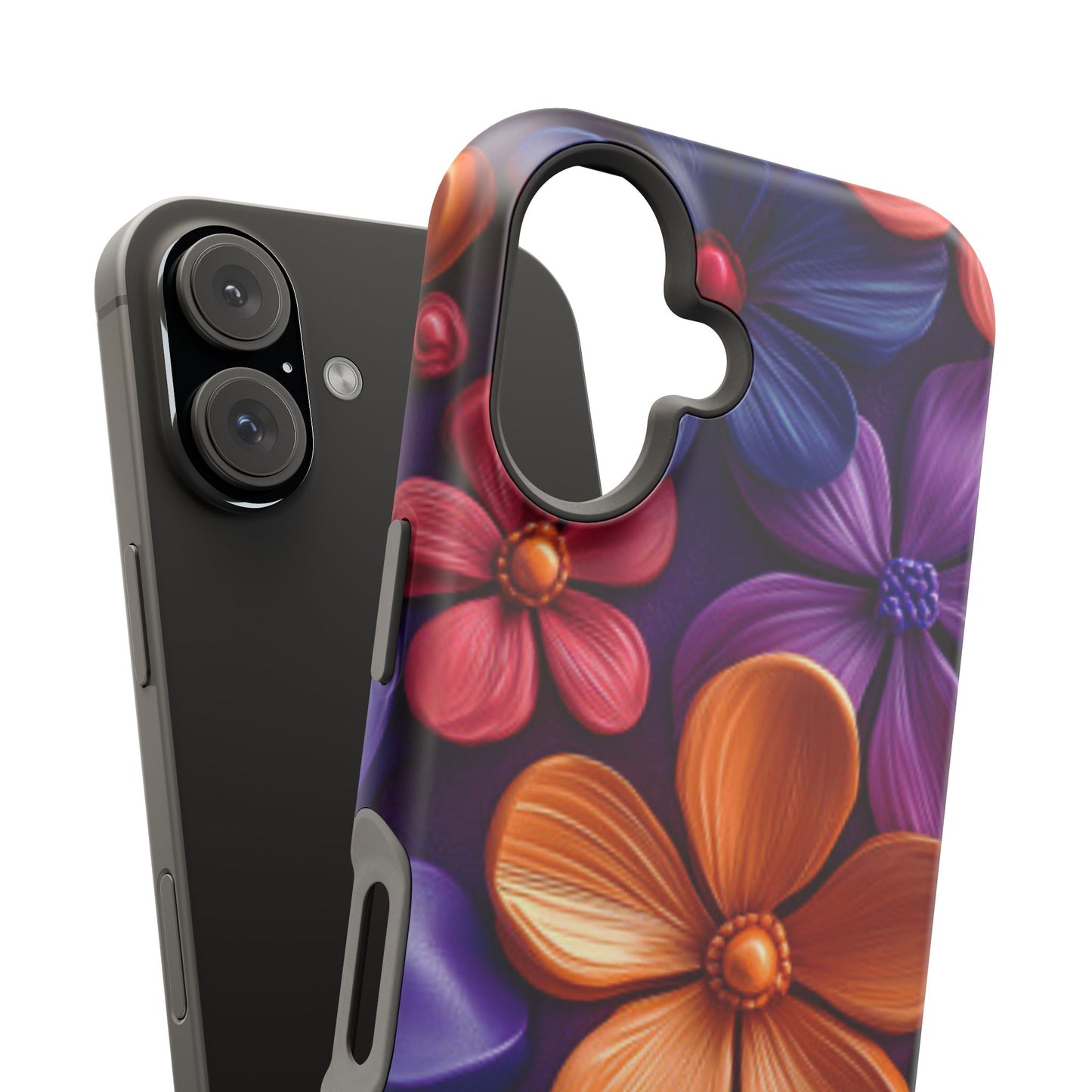 Bold Floral 3D MagSafe iPhone Case – Vivid Purple and Orange Flower Design, Shock-Resistant