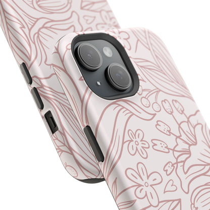 Blush Floral Line Art Tough MagSafe iPhone Case – Delicate Minimalist Design with Dual-Layer Protection