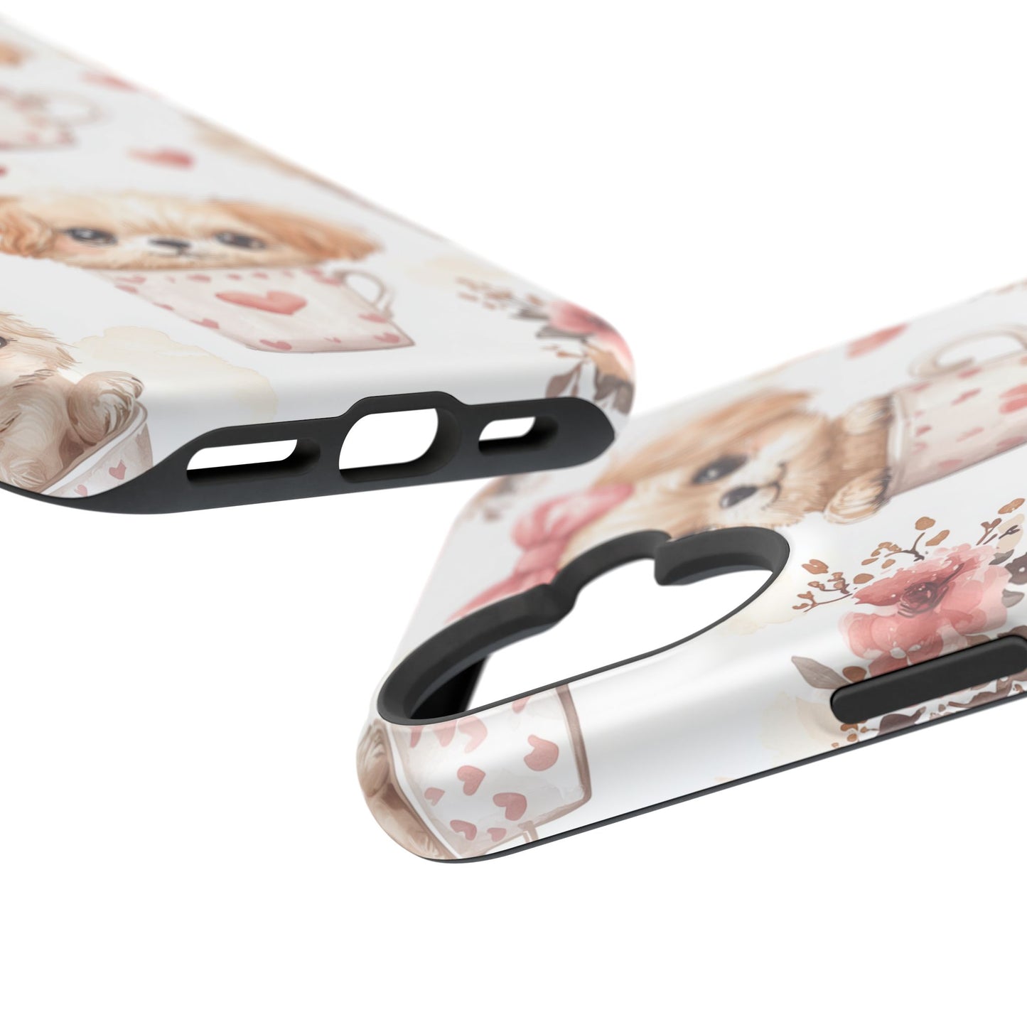 Cute Puppies in Heart MagSafe iPhone Case – Adorable Dog & Floral Design, Shockproof & Slim