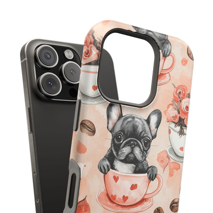 French Bulldogs in Heart Teacups MagSafe iPhone Case – Cute Dog & Floral Design, Shockproof Protection