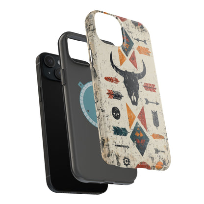 Tribal Bull Skull & Arrows Tough MagSafe iPhone Case – Rustic Western Design, Dual-Layer Protection