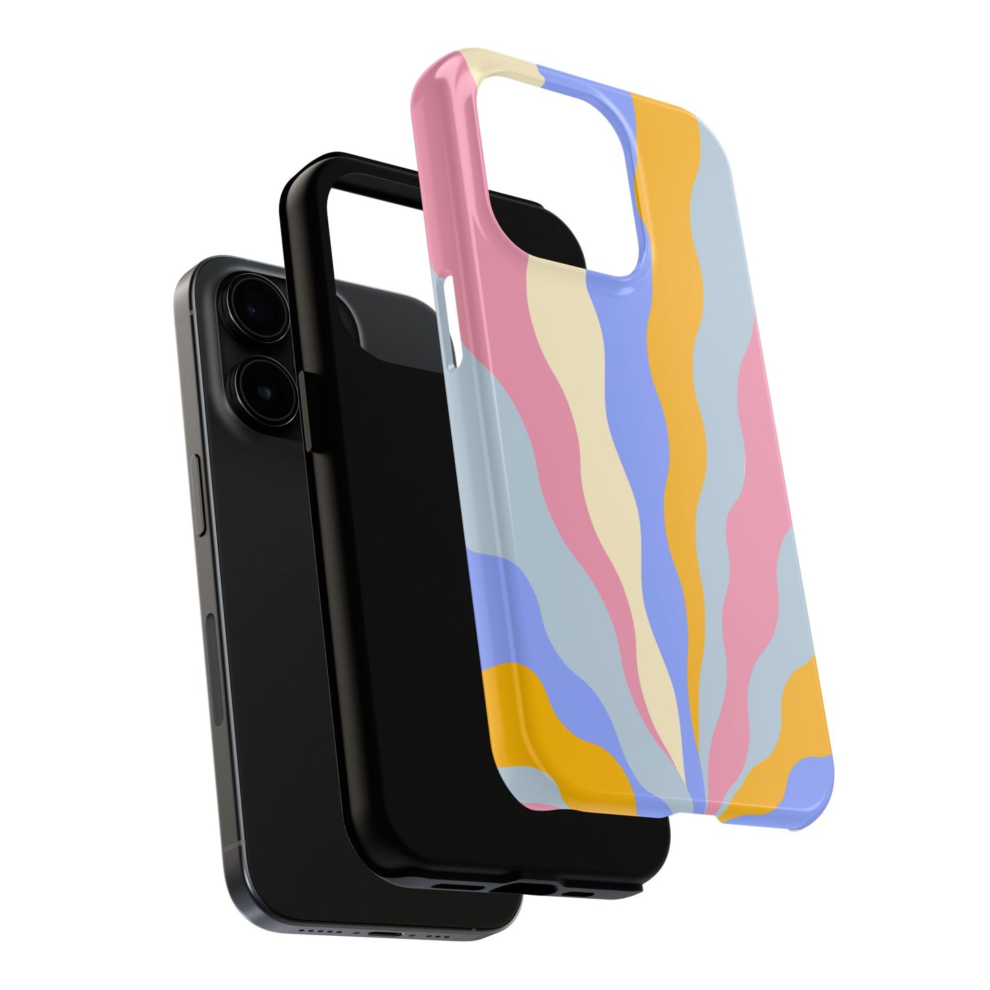 Pastel Radiance iPhone Case – 70s-Inspired Dual-Layer Design with Wavy Sunburst Pattern