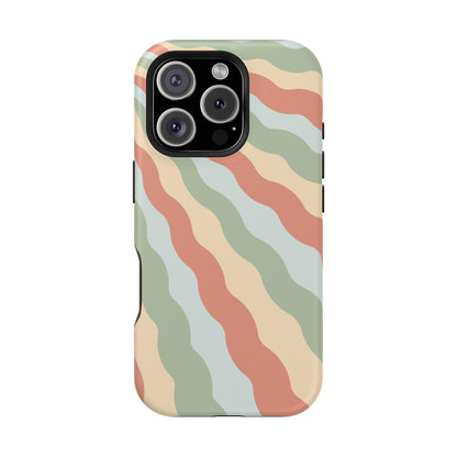 Earthy Retro Waves MagSafe iPhone Case – 70s-Inspired Wavy Stripes in Soft Green, Cream, and Rust