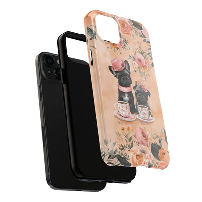 Floral French Bulldogs iPhone Case – Elegant Dog Design with Tea Cups & Roses, Shockproof Protection - BOGO Cases