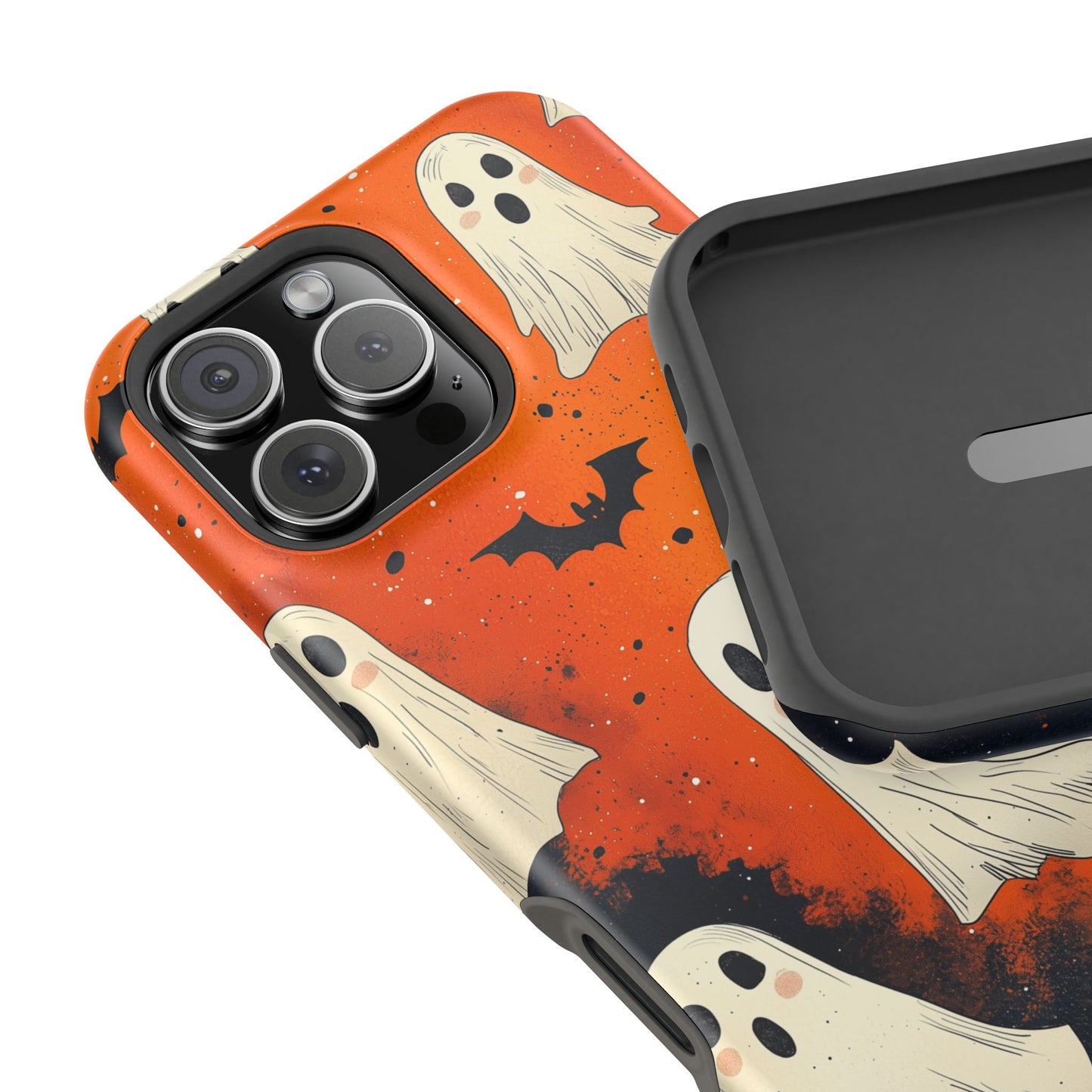 Spooky Ghosts & Bats  MagSafe iPhone Case – Vibrant Orange Halloween Design