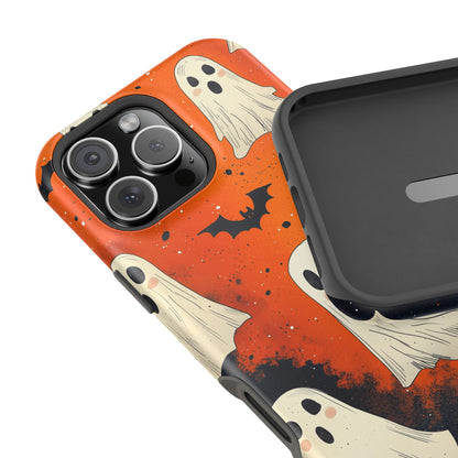 Spooky Ghosts & Bats  MagSafe iPhone Case – Vibrant Orange Halloween Design