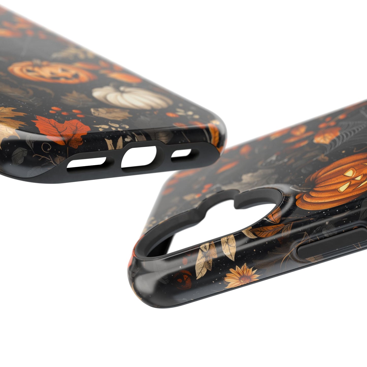 Elegant Halloween MagSafe iPhone Case – Pumpkin Jack-o'-Lanterns, Cobwebs & Autumn Foliage Design