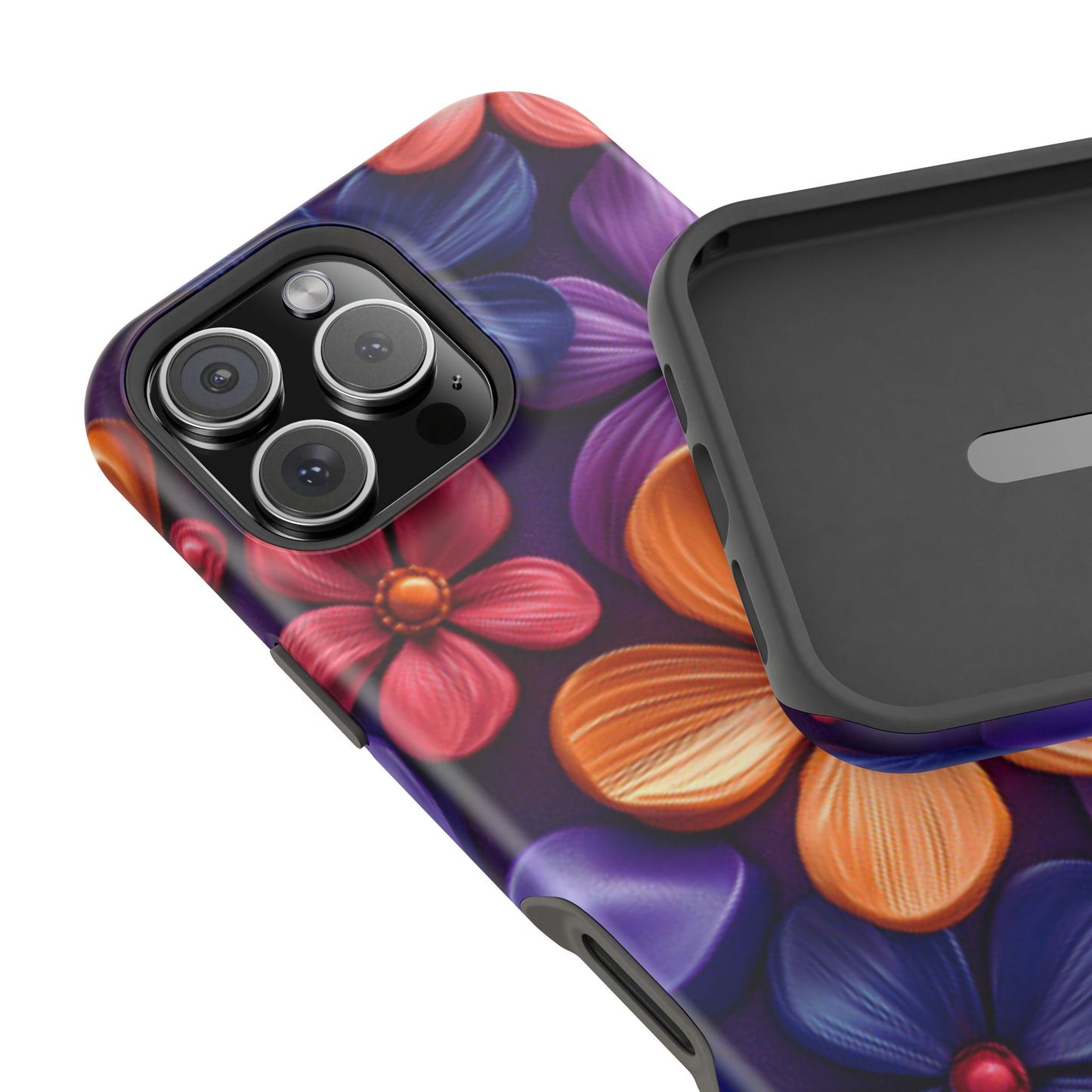 Bold Floral 3D MagSafe iPhone Case – Vivid Purple and Orange Flower Design, Shock-Resistant