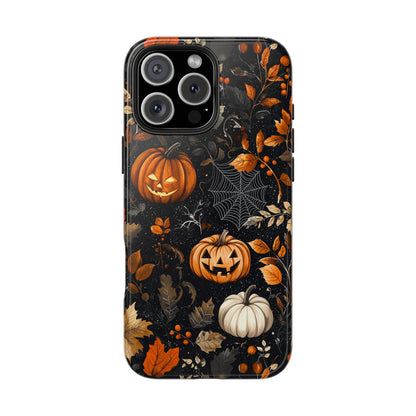 Elegant Halloween iPhone Case – Pumpkin Jack-o'-Lanterns, Cobwebs & Autumn Foliage Design