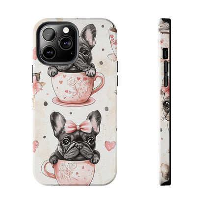 French Bulldogs in Teacups iPhone Case – Cute Dog Design with Hearts & Bows, Shockproof & Slim - BOGO Cases