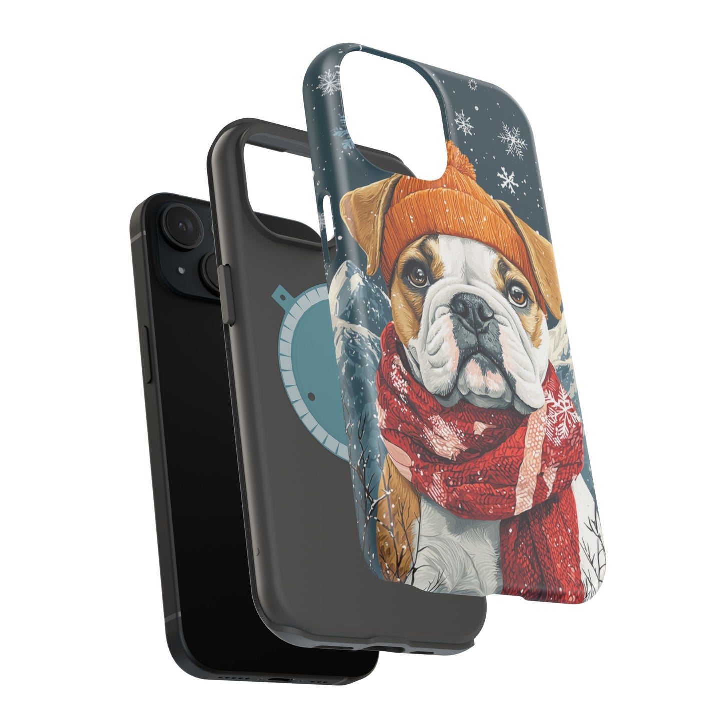 Cozy French Bulldog MagSafe iPhone Case – Rustic Fireplace Protective Cover