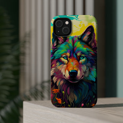 Rainbow Wolf in Bloom – MagSafe iPhone Case with Nature-Inspired Design