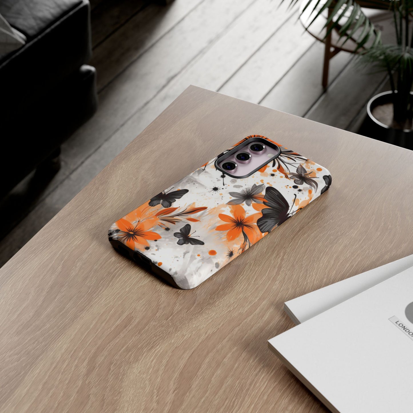 Orange Blossom & Black Butterfly Samsung Galaxy Case – Bold Floral Pattern with Modern Abstract Style