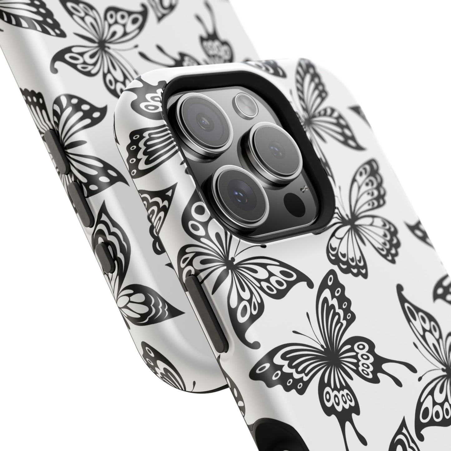 Monochrome Butterfly Pattern Tough MagSafe Case – Dual-Layer Protection with Matte Finish