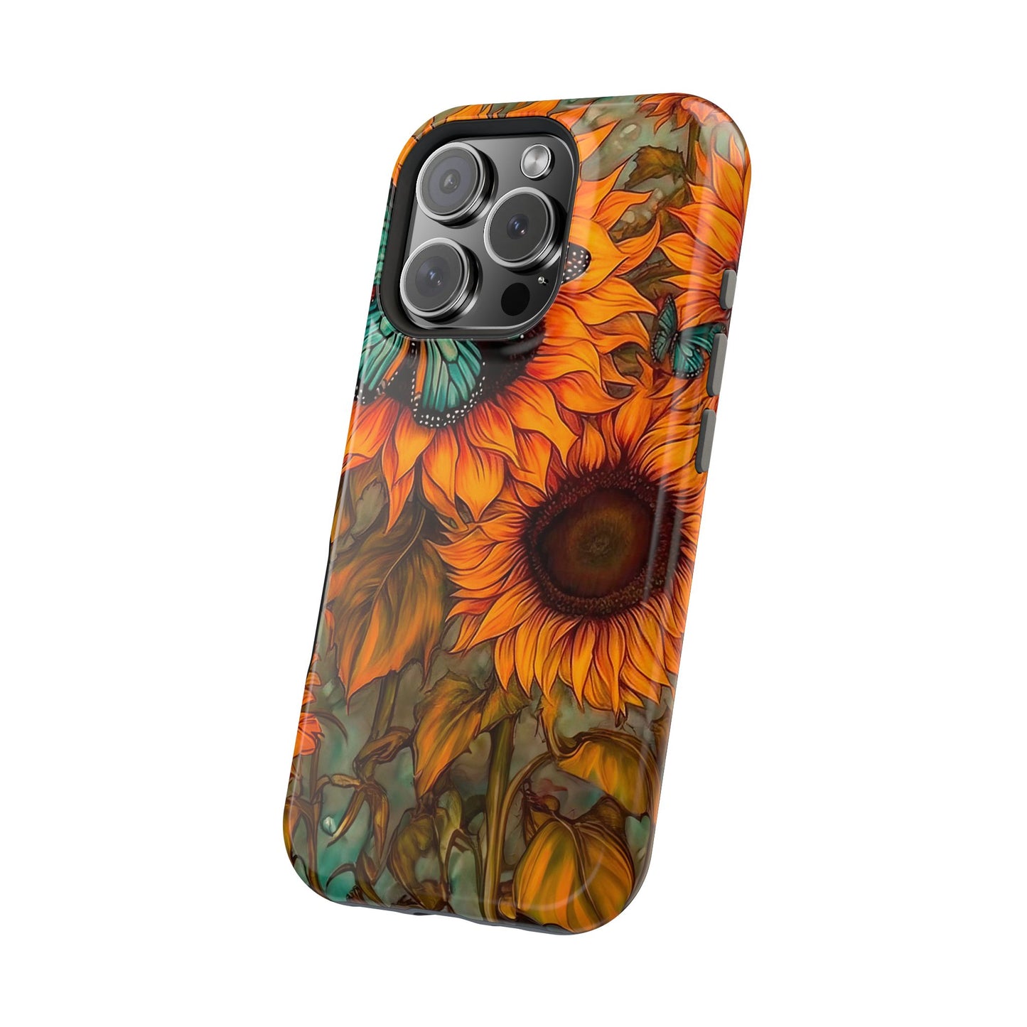 Vintage Blue Butterfly & Sunflower Art – MagSafe iPhone Case