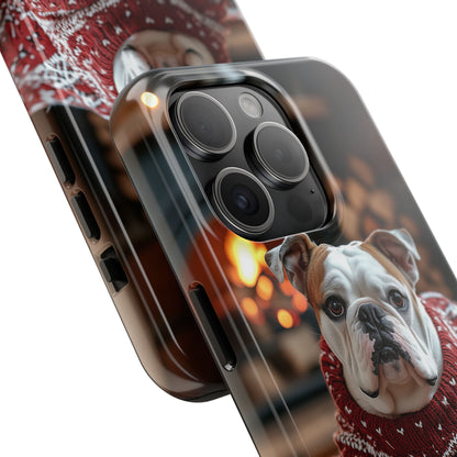 Cozy Bulldog in Sweater iPhone Case – Festive Fireplace Protective Cover