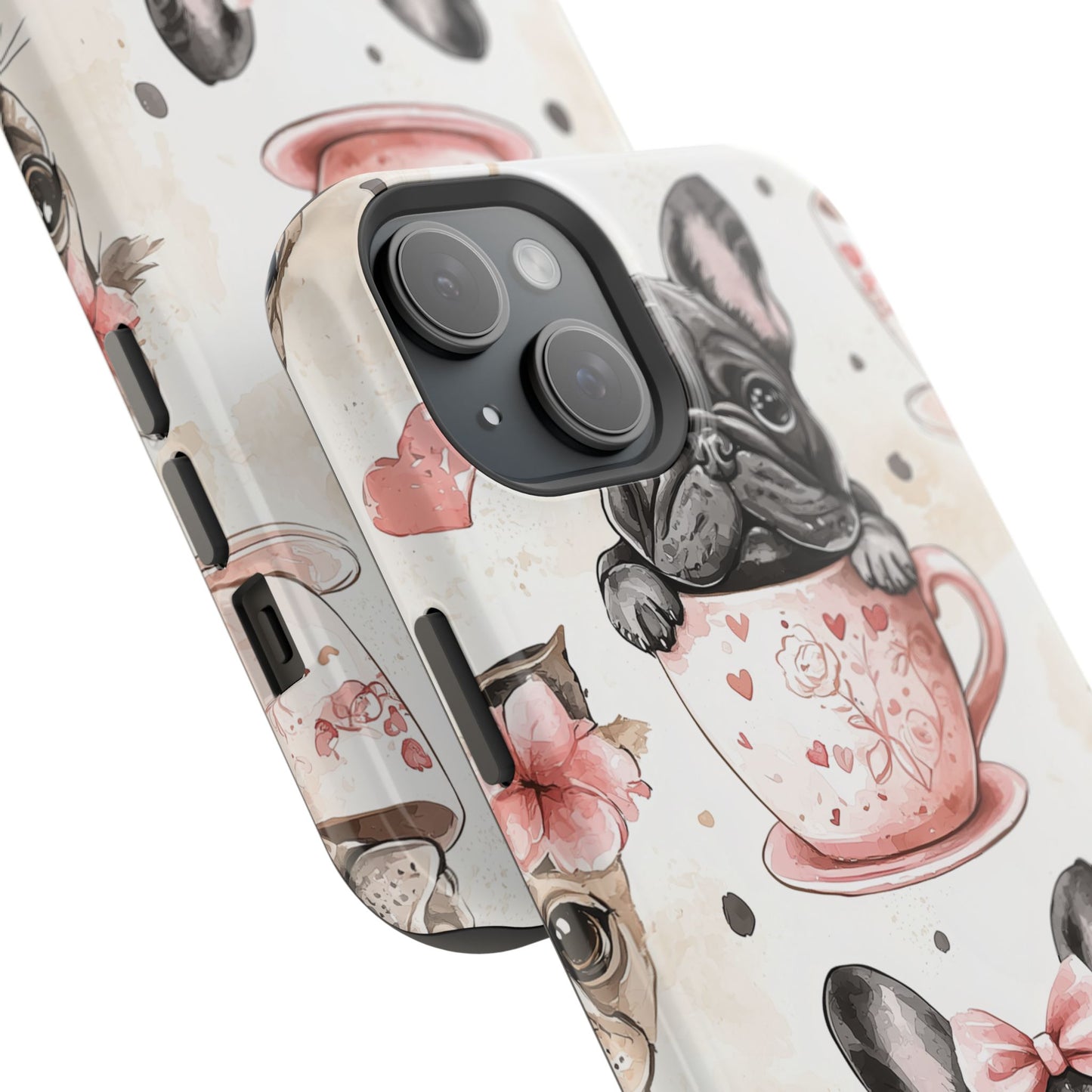 French Bulldogs in Teacups MagSafe iPhone Case – Cute Dog Design with Hearts & Bows, Shockproof & Slim