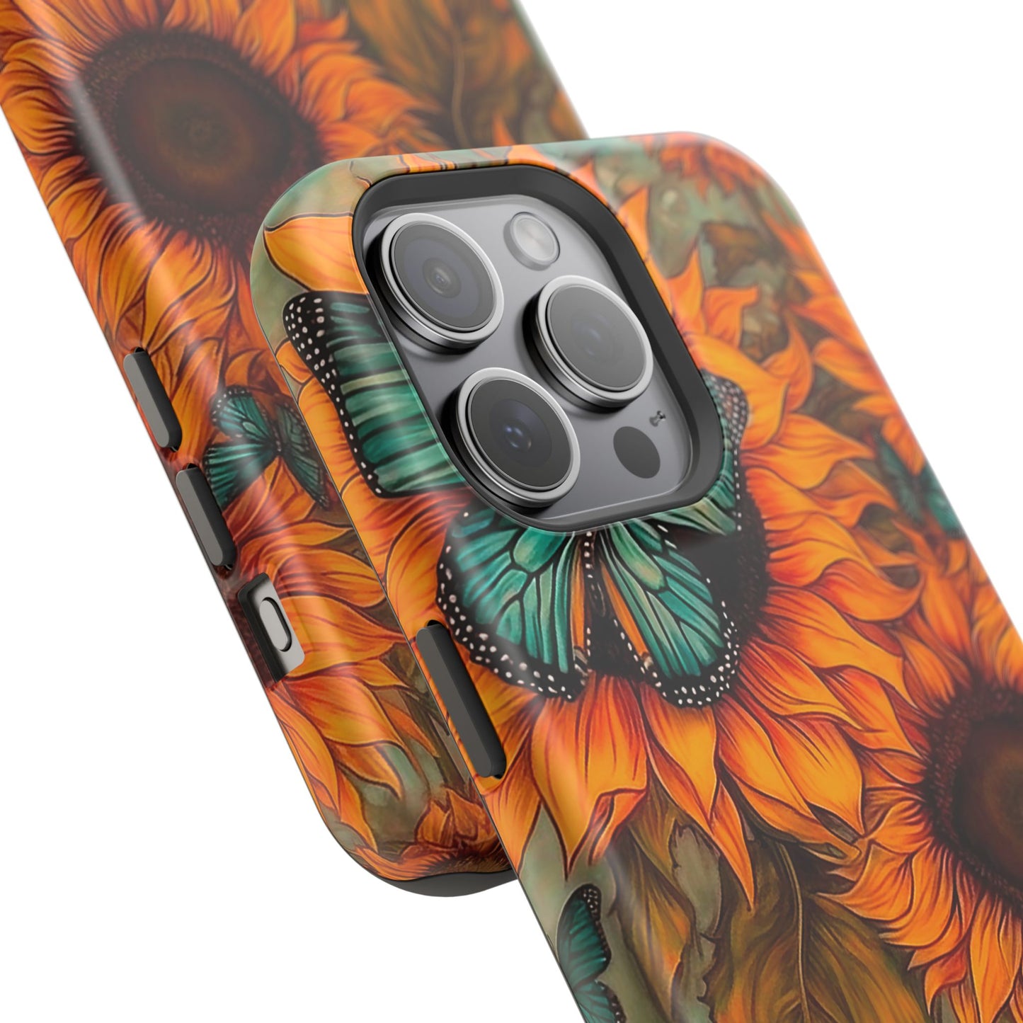 Vintage Blue Butterfly & Sunflower Art – MagSafe iPhone Case