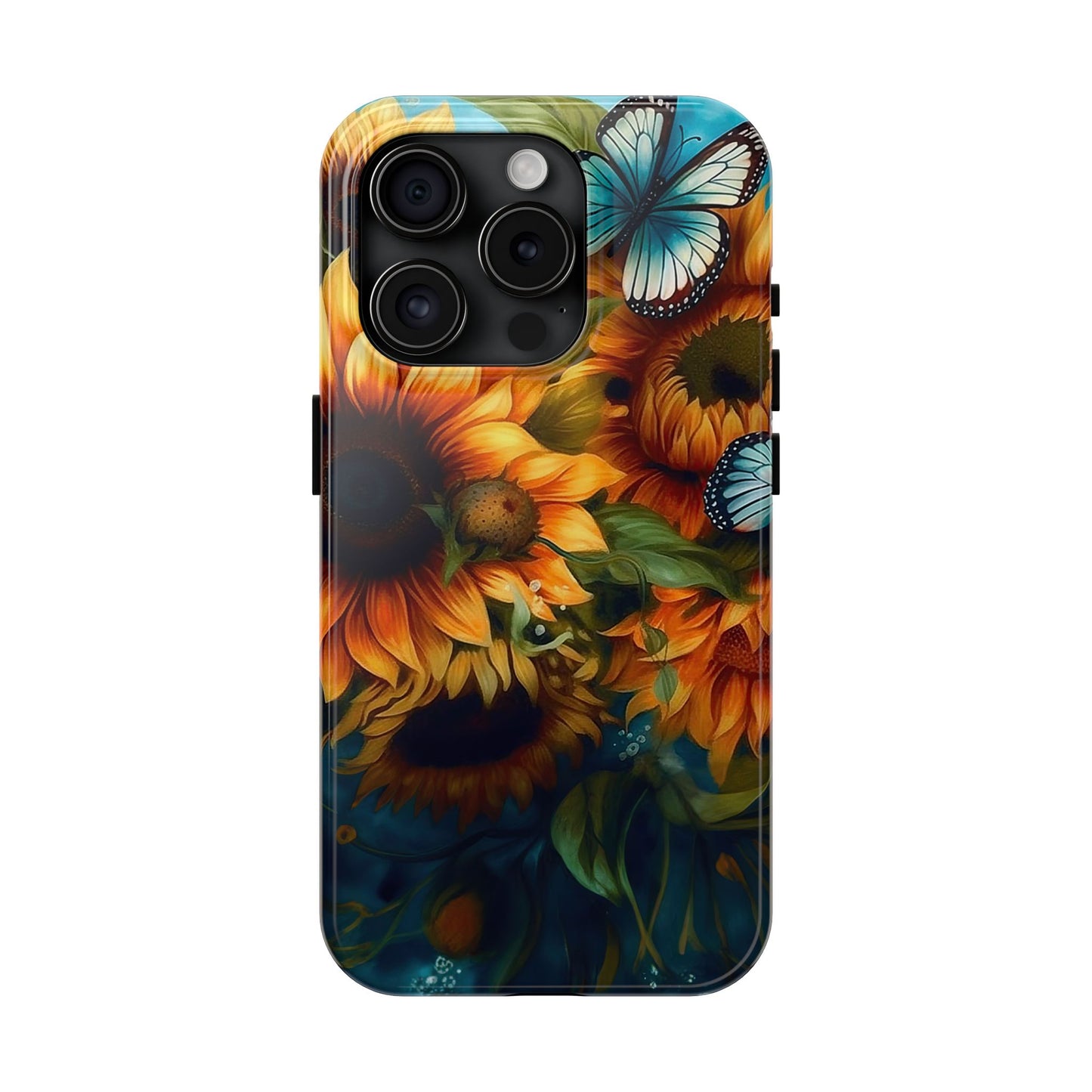 Aqua Blue Butterfly & Sunflower Art – iPhone Case