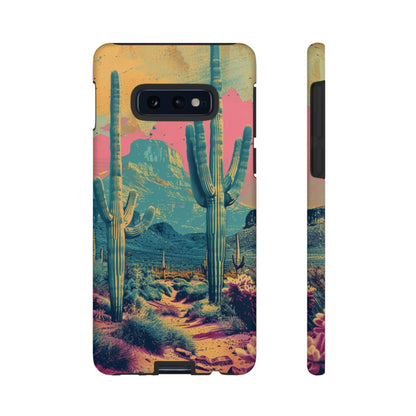 Desert Oasis Retro Cactus Phone Case - Vibrant Sunset Landscape for iPhone 15/14/13/12, Samsung S24/S23/S22/S21, & Google Pixel