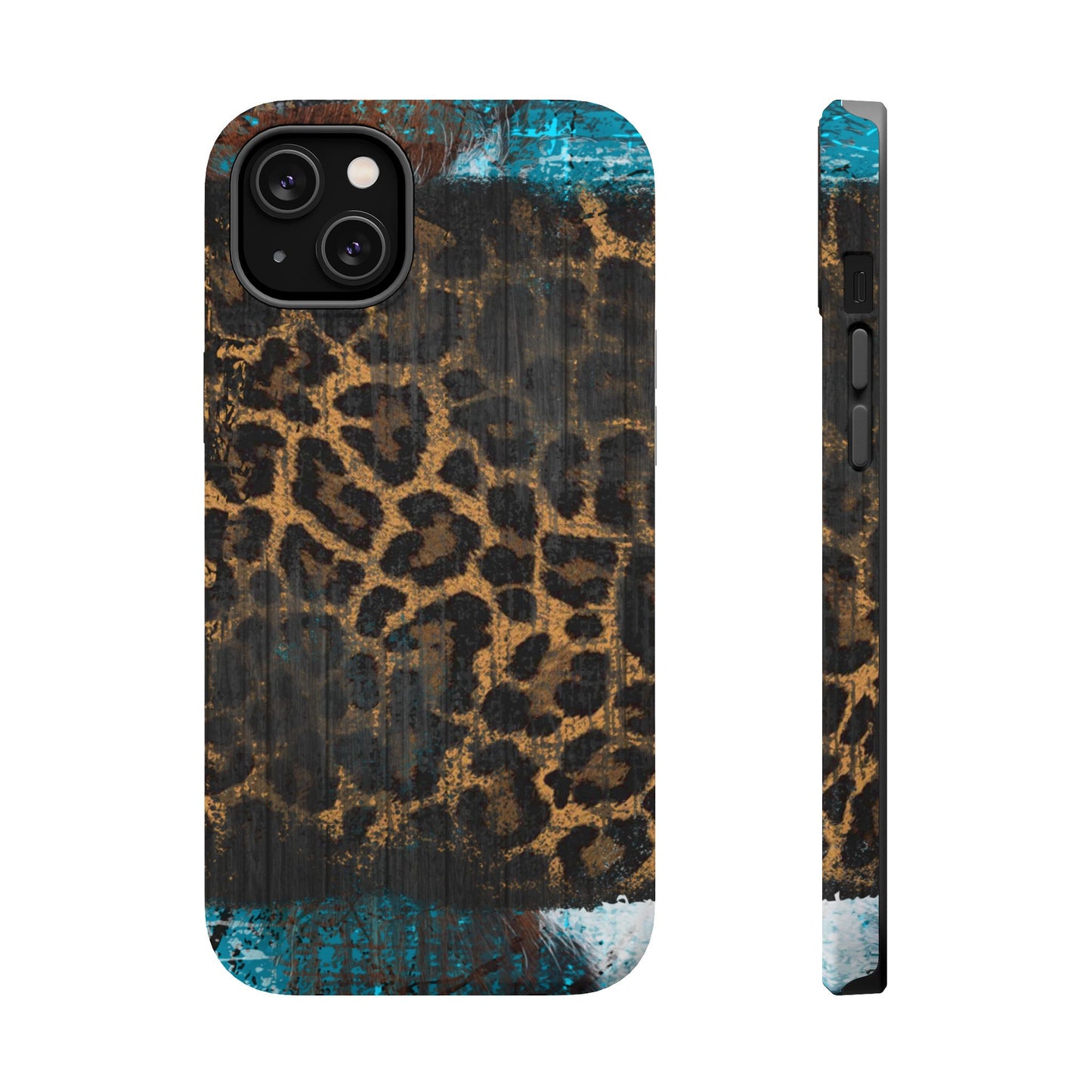 Boho Leopard and Turquoise Tough MagSafe iPhone Case – Rustic Western Design with Dual-Layer Protection