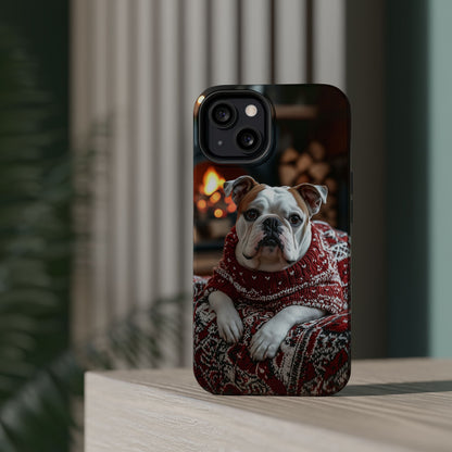 Cozy Bulldog in Sweater MagSafe iPhone Case – Festive Fireplace Protective Cover