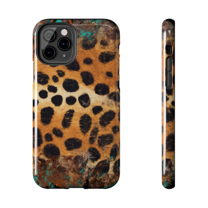 Rustic Leopard Print Tough iPhone Case – Distressed Turquoise and Animal Pattern with Dual-Layer Protection