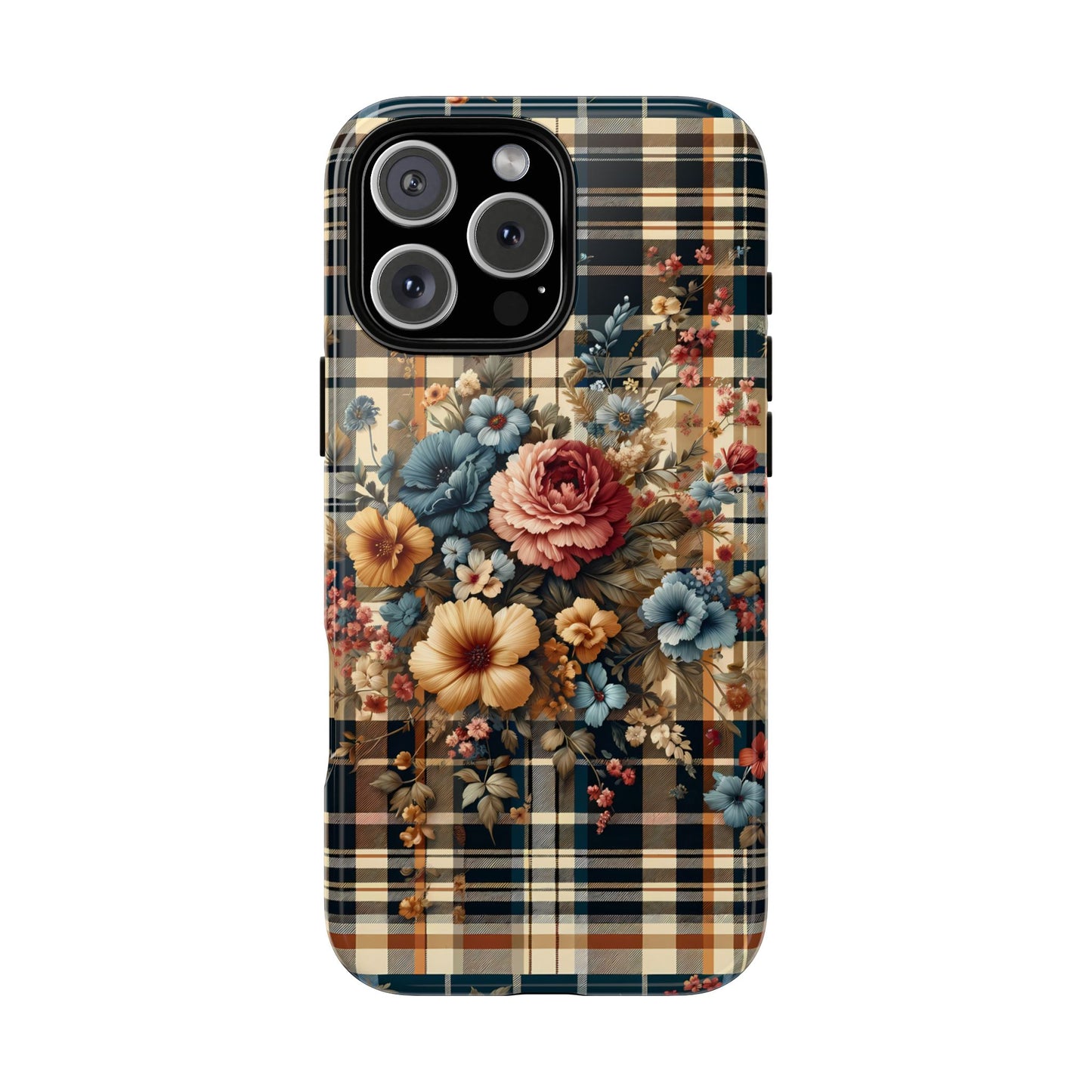 Cute iPhone Samsung Phone Case, Bouquet of Nostalgia, Vintage Styled Checkered Plaid Floral Protective Cover for iPhone, Samsung, & Google. - BOGO Cases