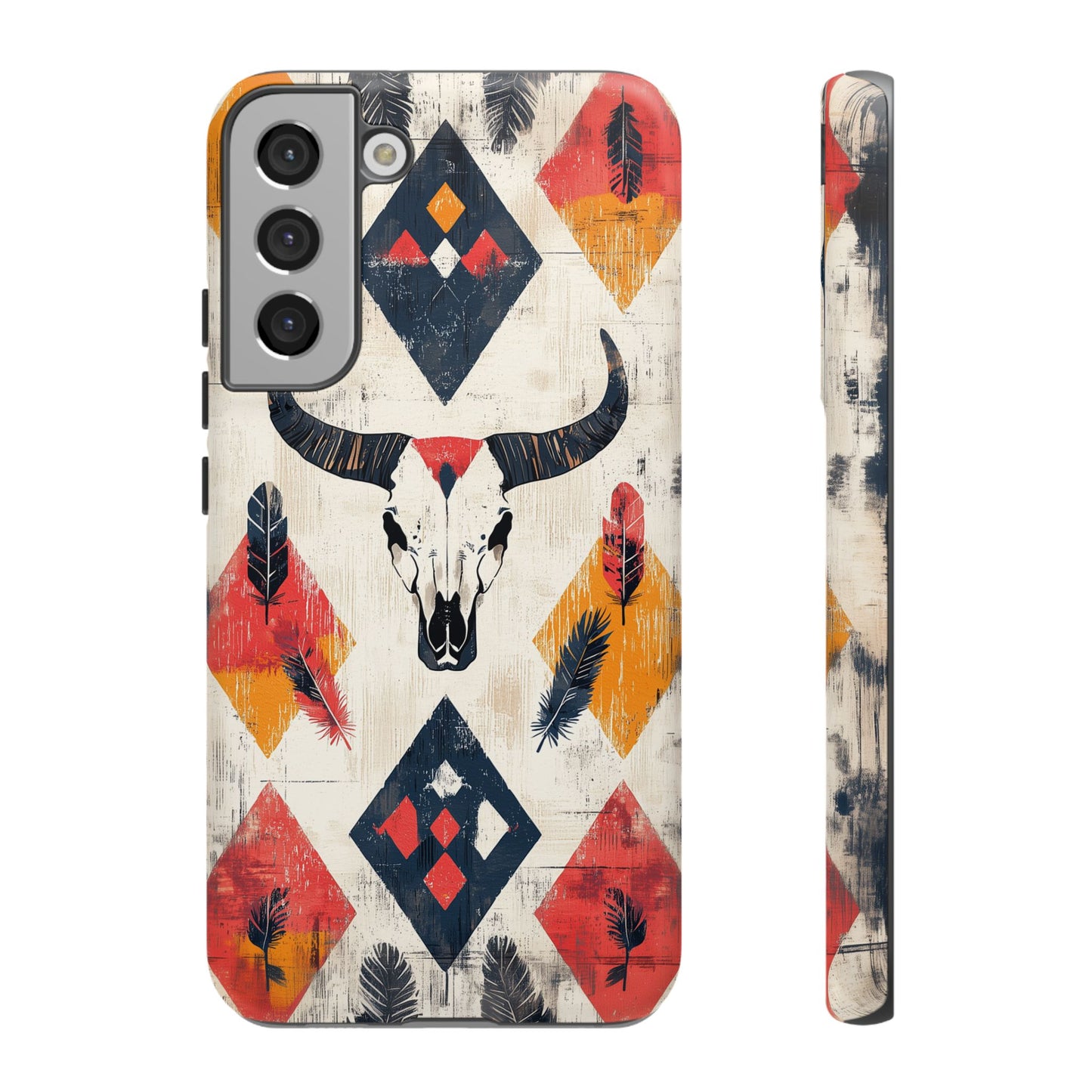 Western Bull Skull & Feathers Tough Samsung Galaxy Case – Bold Tribal Design, Dual - Layer Protection - BOGO Cases