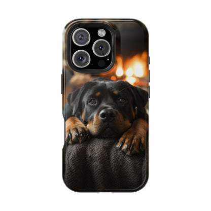 Cozy Rottweiler by the Fireplace MagSafe iPhone Case – Warm Rustic Design