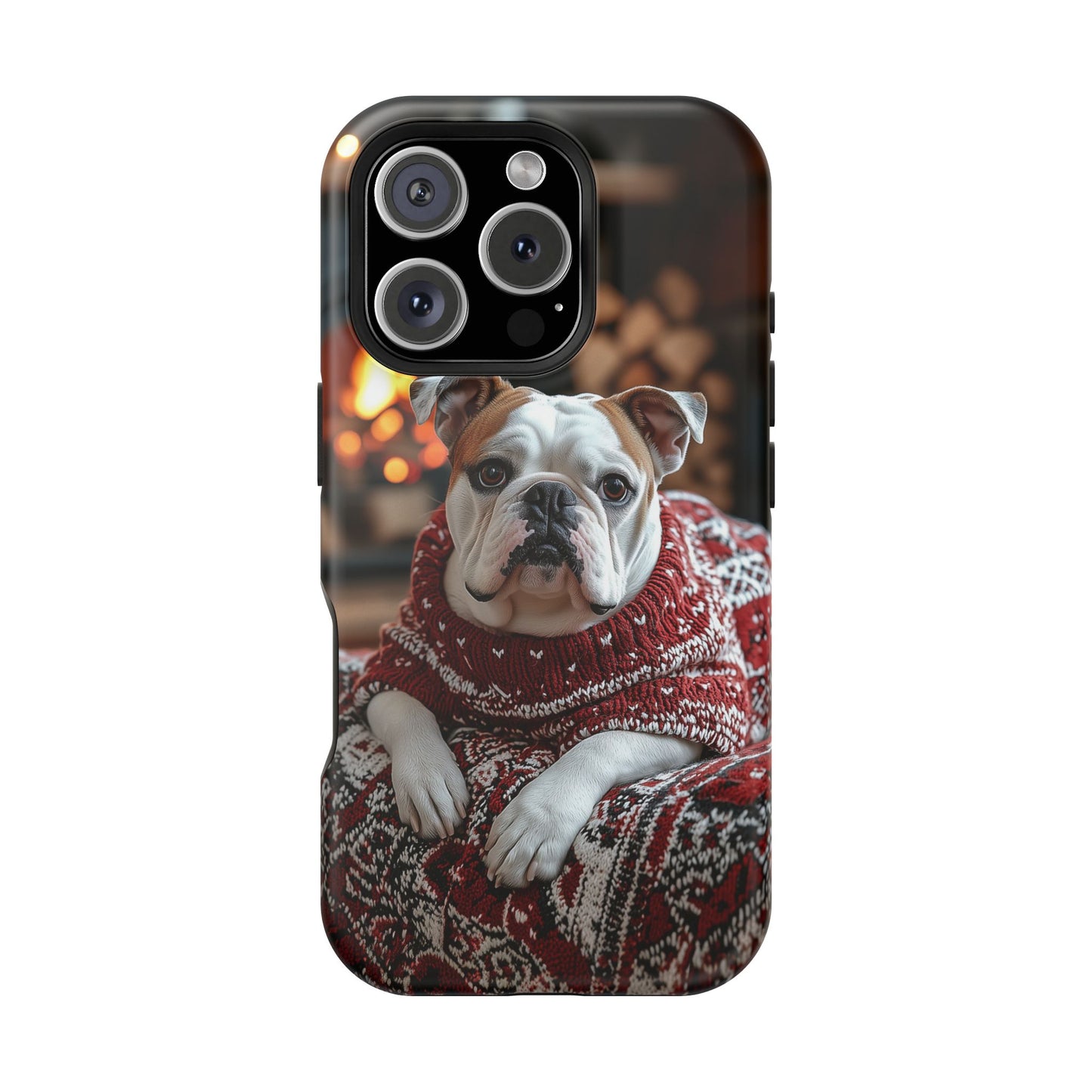 Cozy Bulldog in Sweater MagSafe iPhone Case – Festive Fireplace Protective Cover