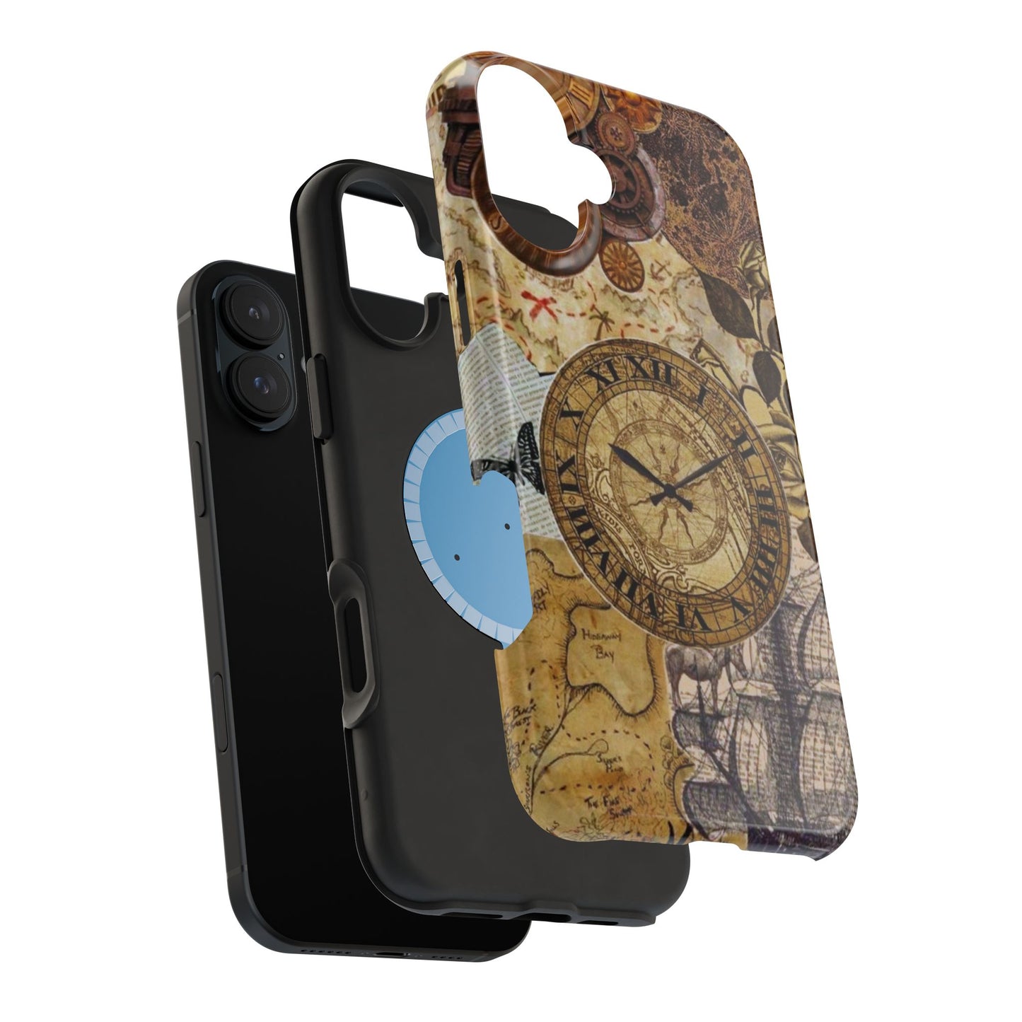 Steampunk Vintage Adventure MagSafe iPhone Case – Dual-Layer Protection with Antique Map and Clock Design