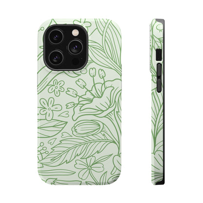 Sage Green Floral Line Art Tough MagSafe iPhone Case – Minimalist Botanical Design with Dual-Layer Protection