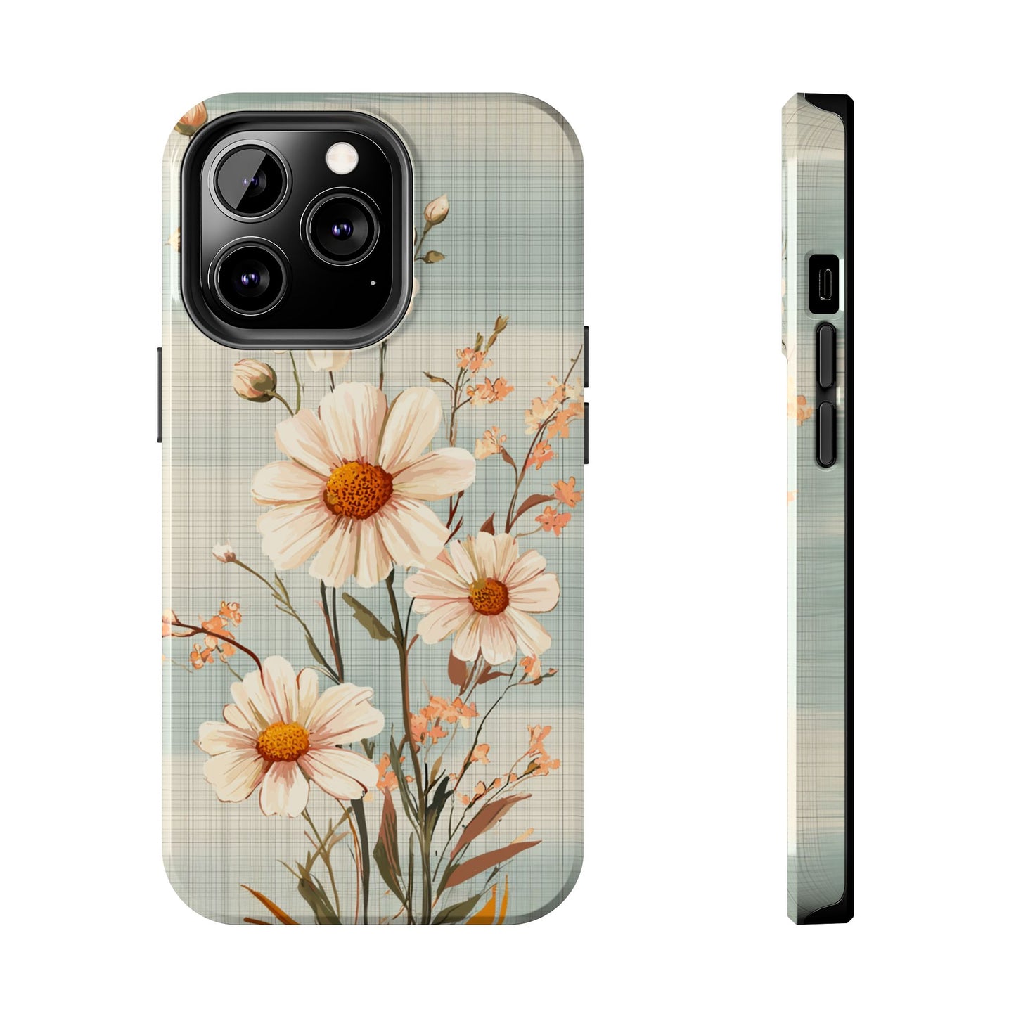 Vintage Plaid & Daisy Floral Tough iPhone Case – Dual-Layer Protection with Retro Flower Design