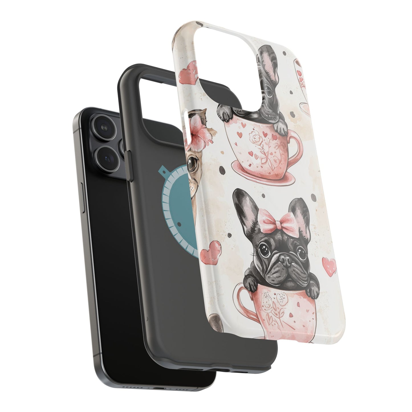 French Bulldogs in Teacups MagSafe iPhone Case – Cute Dog Design with Hearts & Bows, Shockproof & Slim