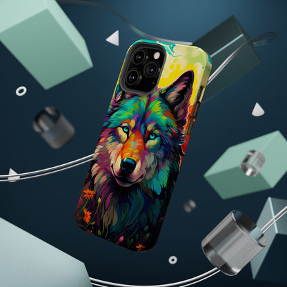 Rainbow Wolf in Bloom – MagSafe iPhone Case with Nature-Inspired Design