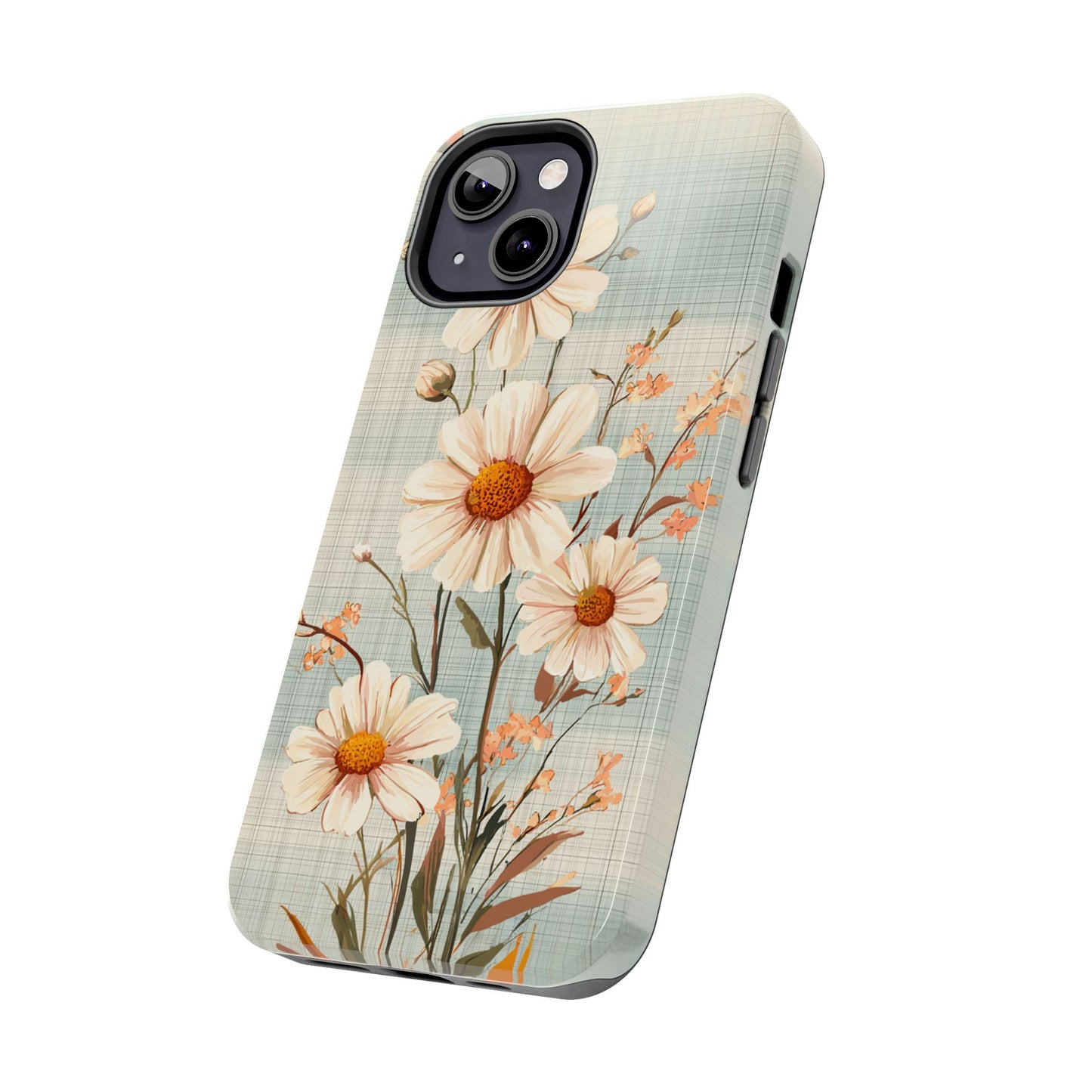 Vintage Plaid & Daisy Floral Tough iPhone Case – Dual-Layer Protection with Retro Flower Design