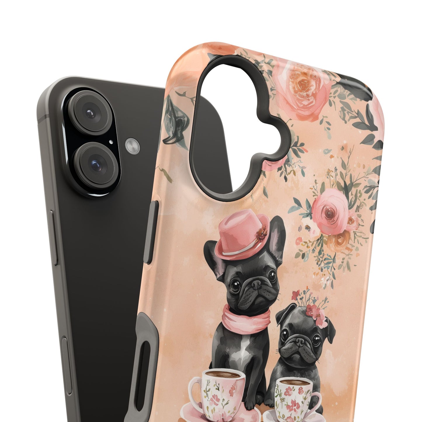 Floral French Bulldogs MagSafe iPhone Case – Elegant Dog Design with Tea Cups & Roses, Shockproof Protection