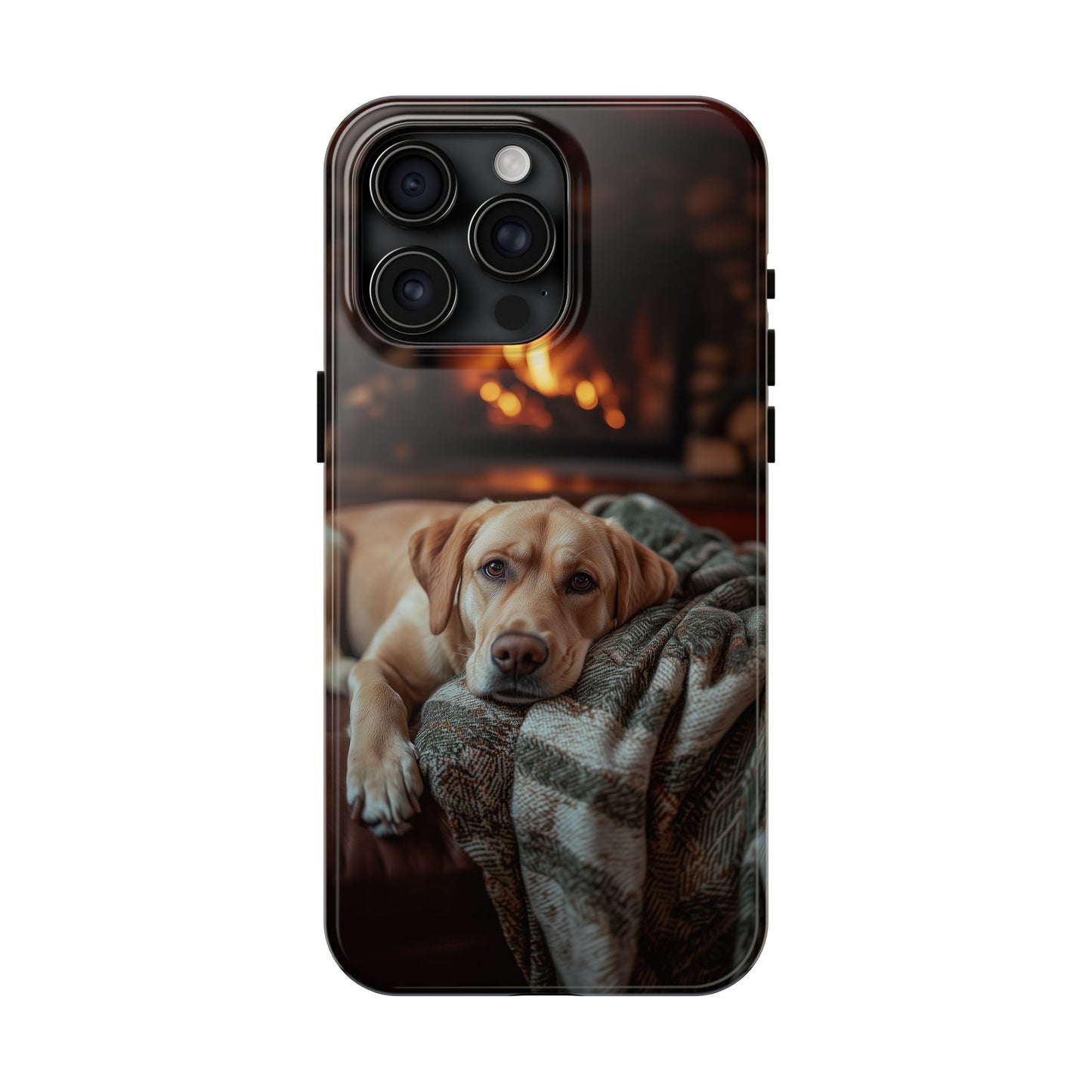 Cozy Labrador by Fireplace iPhone Case – Rustic Cabin Protective Cover