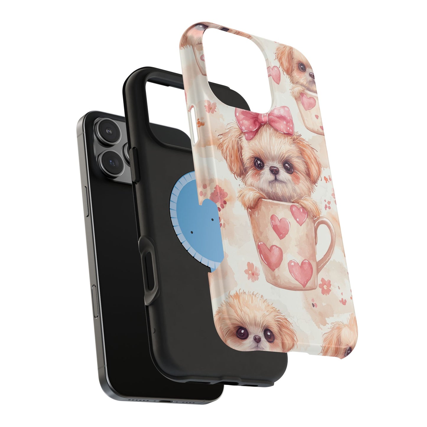 Adorable Puppy in Teacup MagSafe iPhone Case – Tough, Dual-Layer Protection with Cute Pink Bow Design