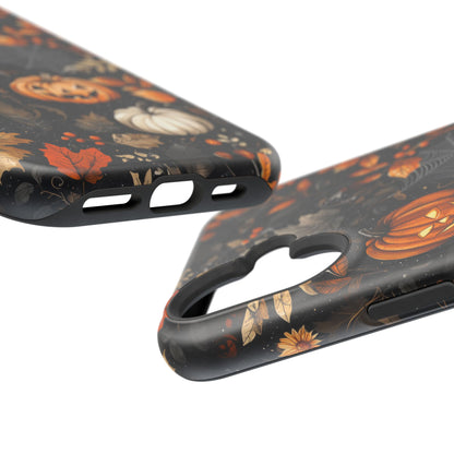 Elegant Halloween MagSafe iPhone Case – Pumpkin Jack-o'-Lanterns, Cobwebs & Autumn Foliage Design