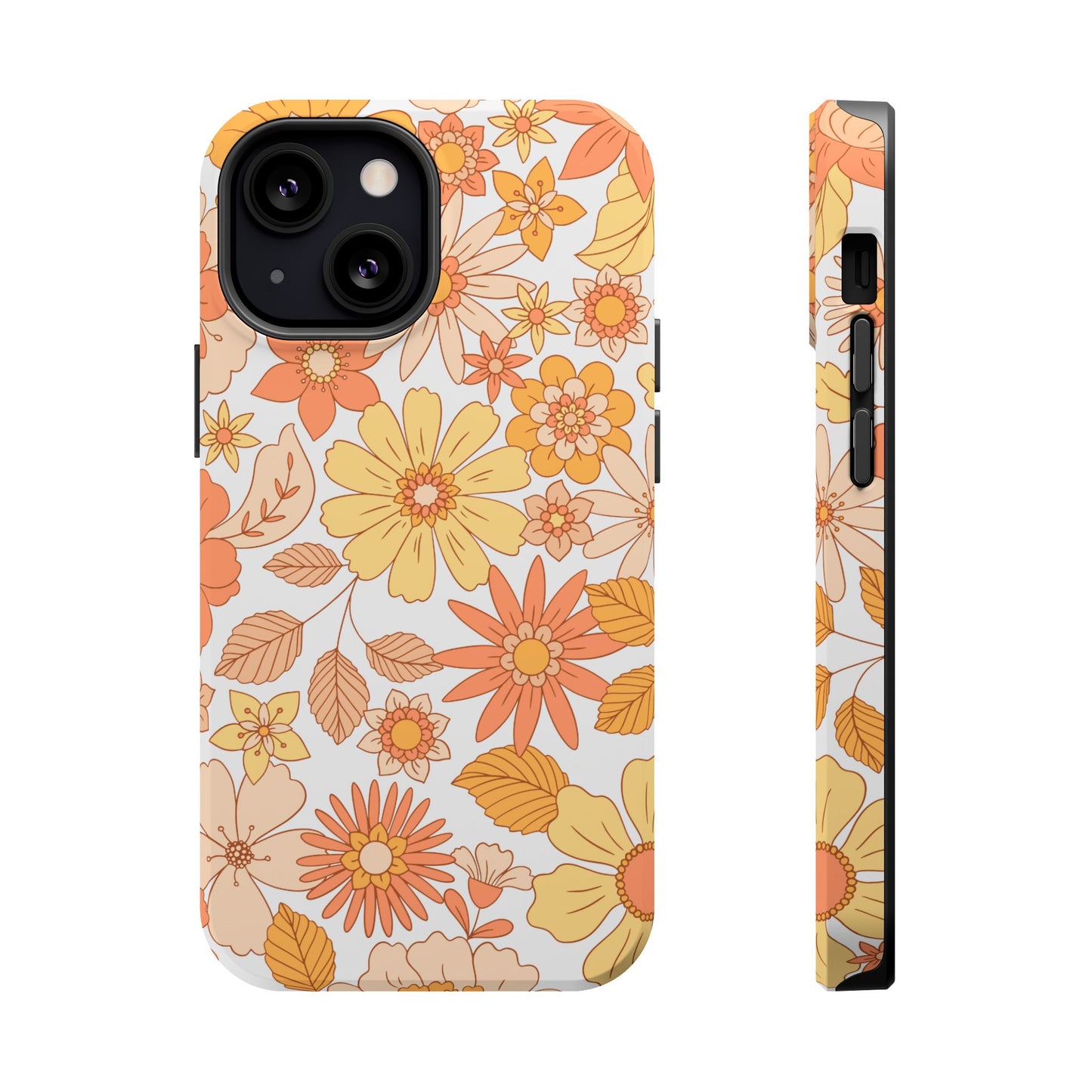 Vintage Floral Bloom MagSafe iPhone Case – Warm Orange & Yellow Retro Flower Design with Matte Finish